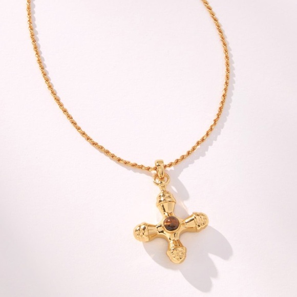 Anthropologie Jewelry - 24K Gold Tigers eye gold cross